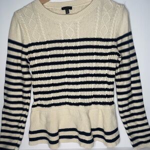 Talbots Cream and Black Striped Peplum Crewneck Sweater